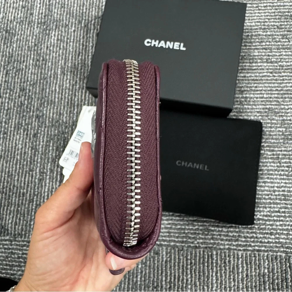 Chanel Dark Burgundy Quilted Wallet Coin Purse with Zip around  CC logo